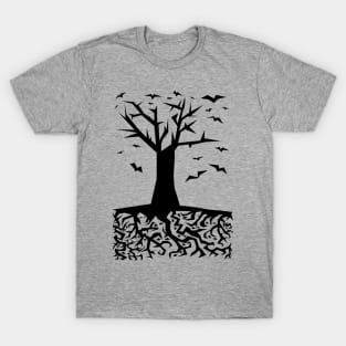Abstract Minimalist Geometric "Deep Beneath The Earth" Illustration (Tree Roots, Eyes & Birds) T-Shirt